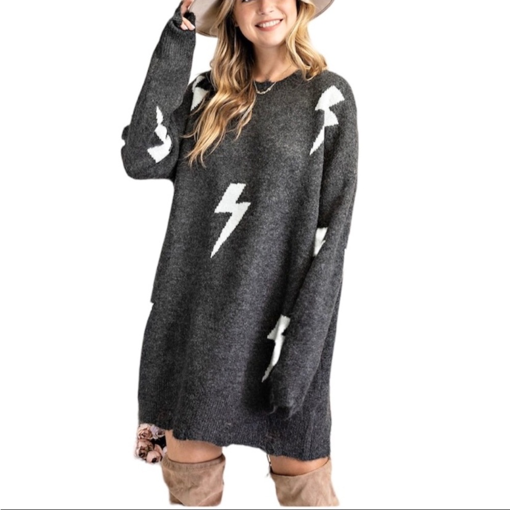 EASEL Lightning Bolt Distressed Sweater Mini Dress S